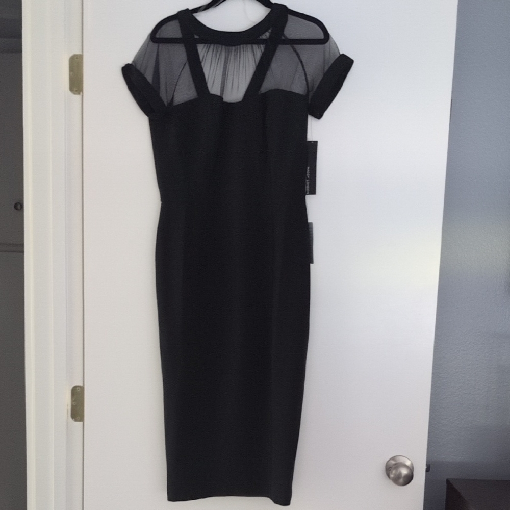 Maggy London Black Midi Dress with Sheer Accents